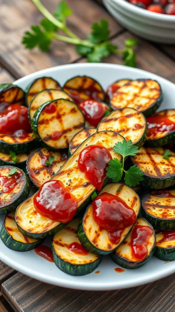 Grilled zucchini slices coated in barbecue sauce, garnished with parsley on a rustic plate.